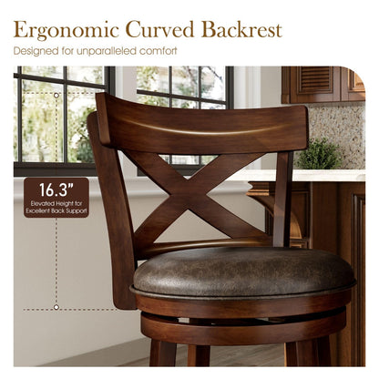 Sophia & William Swivel Bar Stools Set of 4, 30 Inch Bar Height Barstools with Cross Back & Solid Wood Legs,Faux Leather Kitchen Stools, Brown
