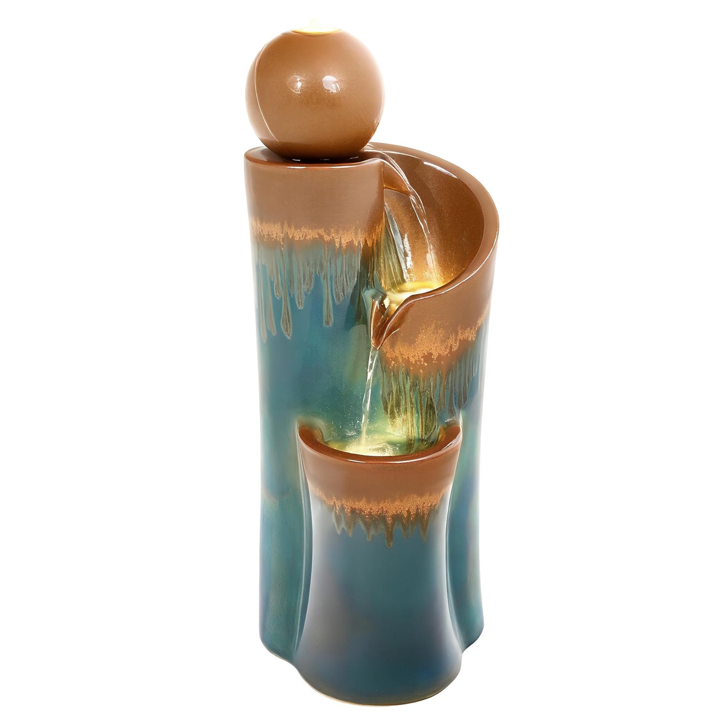 Ultym 32" H Ceramic Outdoor Water Fountain with LED Lights, 3-Tier Cascading Sphere Water Feature, Tranquil Waterfall for Relaxing Garden, Patio, Yard, or Porch, Teal & Copper Drip-Glaze Finish