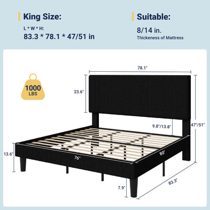 Allewie King Size Upholstered Bed Frame with Vertical Channel Tufted Headboard, Soft Corduroy Fabric Platform Bed, Strong Wooden Slats Support, Easy Assembly, No Box Spring Needed, Black