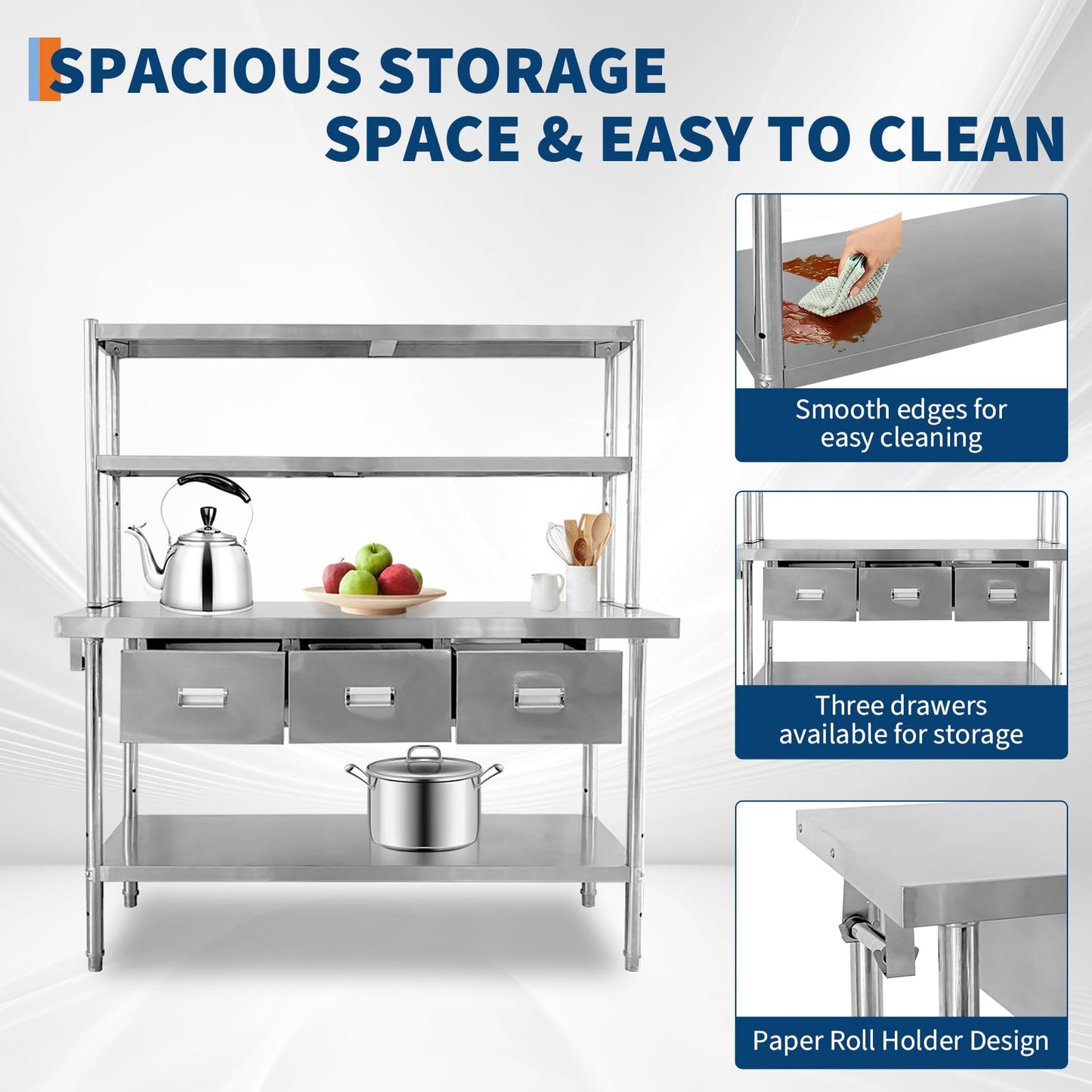 Garvee Stainless Steel Table with Drawers, 48" x 24" Commercial Work Tables with Undershelf, Metal Kitchen Prep Table for Home Restaurant Garage, Commercial Workbench