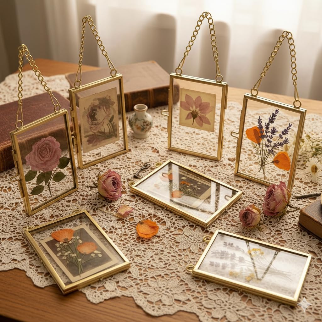Gold Metal Pressed Flower Frame,Double Glass Display for DIY Floral Art, Ideal for Home Decor and Botanical Projects, Gift for Creating Custom Floral DIY Displays on Wall Tables Living Room Office