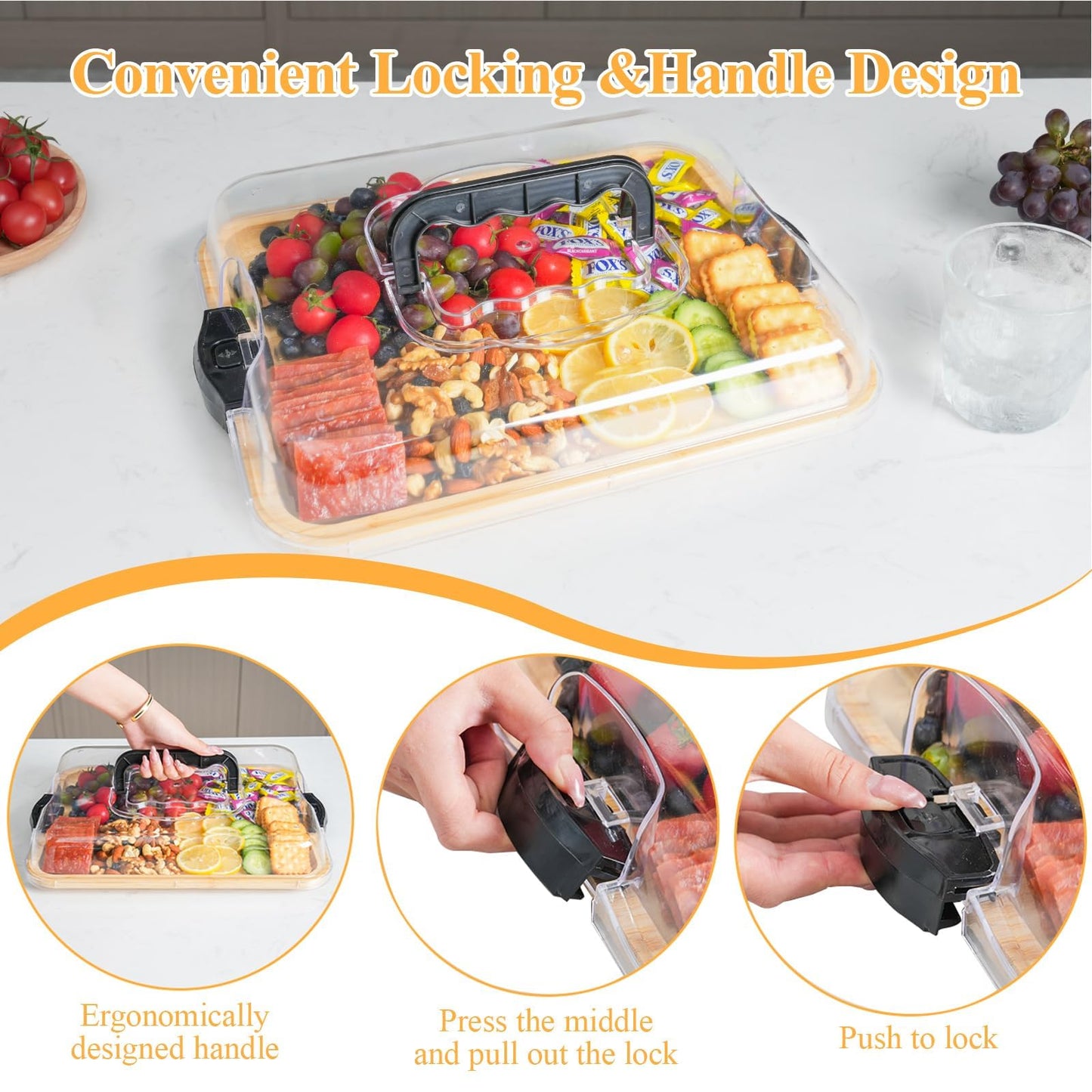 ACCL Bamboo Charcuterie Board 1-Compartment with Locking Lid, Ergonomic Handle & Knives Set - Portable Food/Cheese Serving Tray, Reversible Cutting Board for Picnic, Party & Gatherings (Pack of 12)