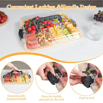 ACCL Bamboo Charcuterie Board 1-Compartment with Locking Lid, Ergonomic Handle & Knives Set - Portable Food/Cheese Serving Tray, Reversible Cutting Board for Picnic, Party & Gatherings (Pack of 12)