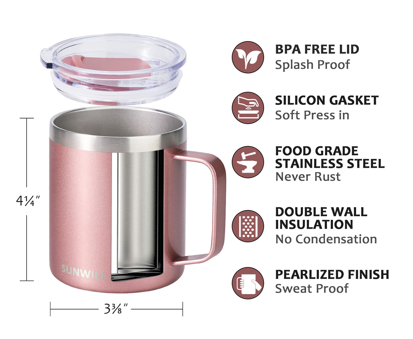 SUNWILL Travel Coffee Mug with Lid, Insulated Tumbler with Handle, 14 oz Stainless Steel Cup for Ice, Water, Tea, Rose Gold