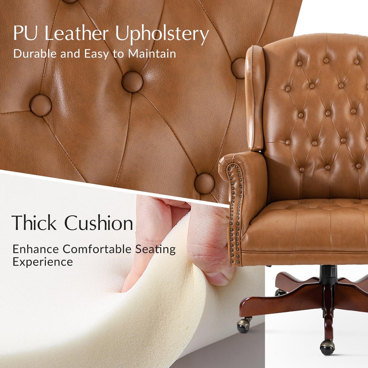 HULALA HOME Tufted PU Leather Office Chair with Wingback and Nailhead Trim, Adjustable Swivel Desk Chair with Rolled Armrests and Casters, Vintage Style(Camel)