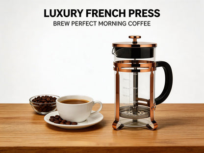 PSAVGLA French Press Coffee Maker 21 oz, 304 Stainless Steel Double Mesh Filter, Borosilicate Glass, Heat-Resistant, BPA-Free, Ideal for Home, Office & Gift (copper, 21oz)