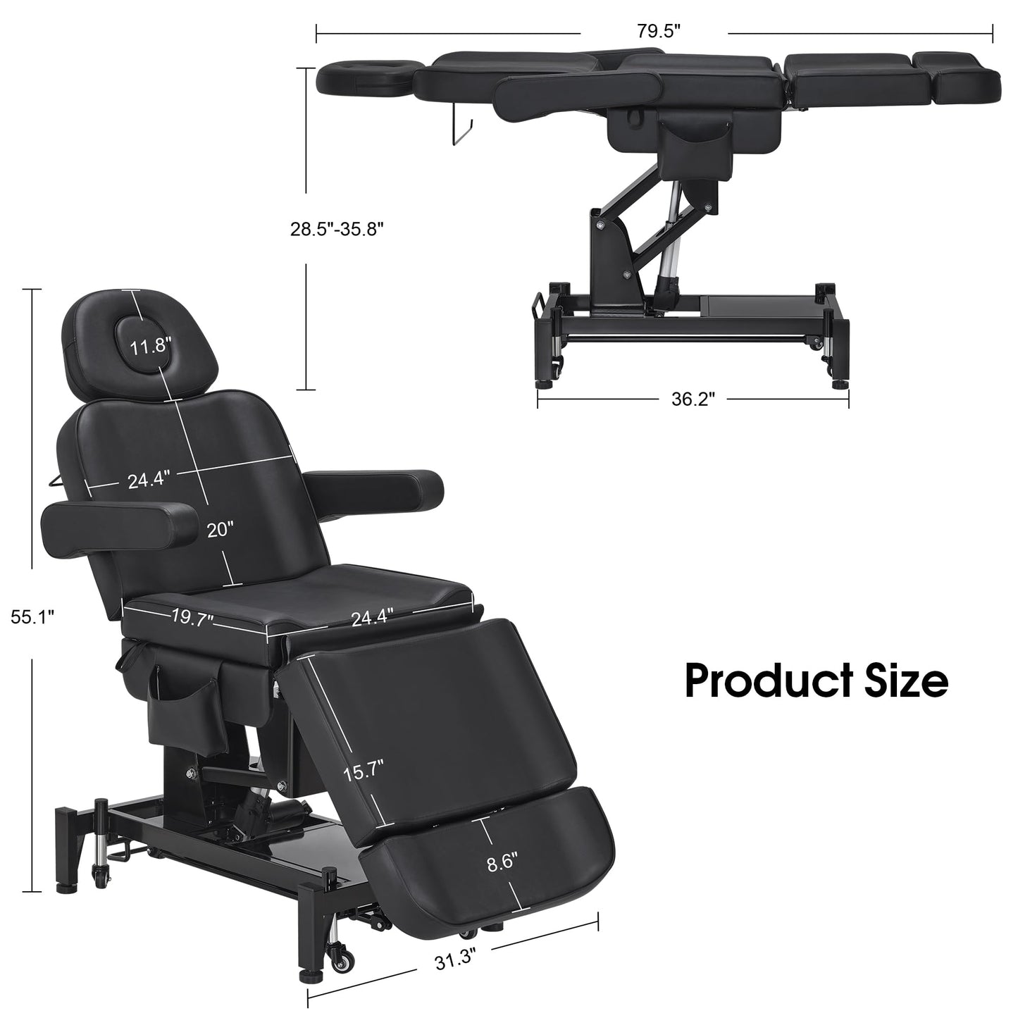 BarberPub Fully Electric Beauty Bed, 3-Motor Salon Spa Chair with Foot-Controlled Wheels, Adjustable Height, Backrest & Leg Rest – PVC Leather, Professional Facial & Treatment Table 2754 (Black)