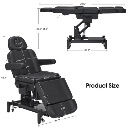 BarberPub Fully Electric Beauty Bed, 3-Motor Salon Spa Chair with Foot-Controlled Wheels, Adjustable Height, Backrest & Leg Rest – PVC Leather, Professional Facial & Treatment Table 2754 (Black)