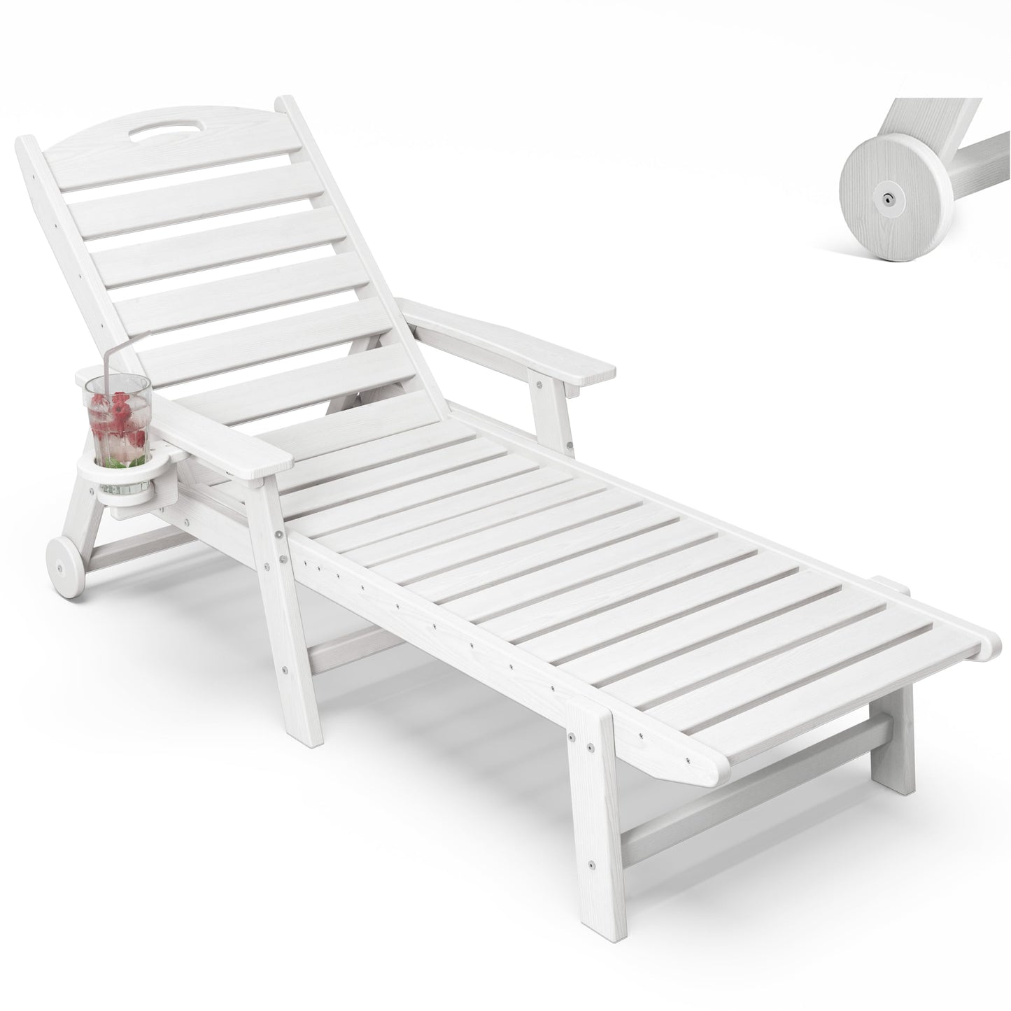 Patio Chaise Lounge Chair Set of 2, HDPE Outdoor Lounge Chairs with 5-Position Adjustable Backrest, Cup Holder and Wheels, 450lbs Capacity for Poolside Deck Backyard, All Weather Material(Gray)