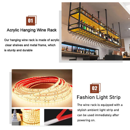 47.2IN Ceiling Wine Glass Rack with light, Acrylic Hanging Wine Rack with Glass Holder and Transparent Shelves, Wine Bottle Holder Goblet Stemware Racks Modern Home Bar Coffee Decor Rack(120CM)