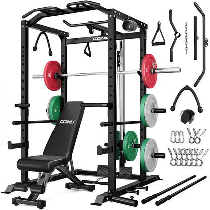 Goimu C1-V4 Power Cage, 2000LBS Squat Rack with LAT Pulldown, Multi-Function Weight Cage Strength Training Machine, Workout Cage with More Attachments for Home Gym Garage (220LBS BK Home Gym Package)
