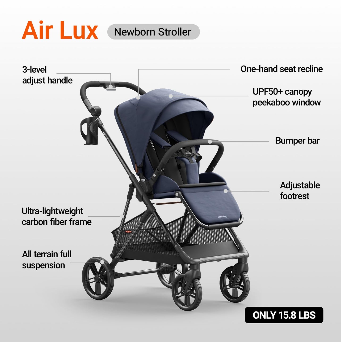 MAMAZING Air Lux Baby Stroller with Bassinet from Newborn to 50 lbs, Strength Carbon Fiber Frame Only 15.8lbs, Bassinet Stroller Included Reversible Seat, Car Seat Adapter & Large Storage Basket