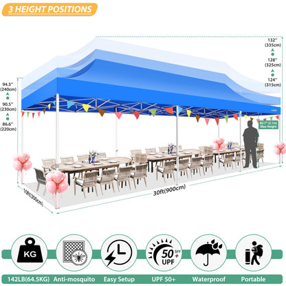 COBIZI 10x30 Pop Up Canopy with Sidewalls, Heavy Duty Canopy with Mosquito Netting, Easy up Screen Party Tents for Parties Backyard Outdoor Commercial Event Gazebo with Roller Bag, Sandbags, Blue
