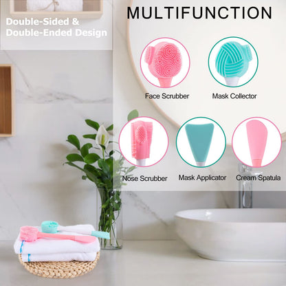 Silicone Facial Cleansing Brush 3 Pack, Beomeen 4 in 1 Handheld Face Scrubber for Deep Gentle Exfoliating, Double-Ended Face Wash Scrub Brush for Face Skincare and Massage (Green)