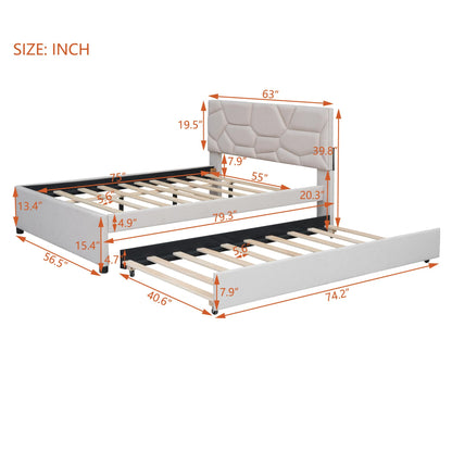 Brisca Full Size Linen Upholstered Platform Bed with Brick Pattern Headboard and Twin Size Trundle,Bed Frame W/ 10 Wooden Slats & 4 Supporting Legs,for Bedroom,Apartment,Guest Room,Beige