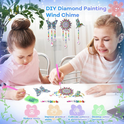 Arts and Crafts for Kids Ages 8-12, DIY Diamond Painting Kits Birthday Gifts for 6 7 8 9 10 11 12 Year Old Girls Boys, Butterfly, Sun Hummingbird, Suncatcher, Wind Chimes for Home Garden Decor