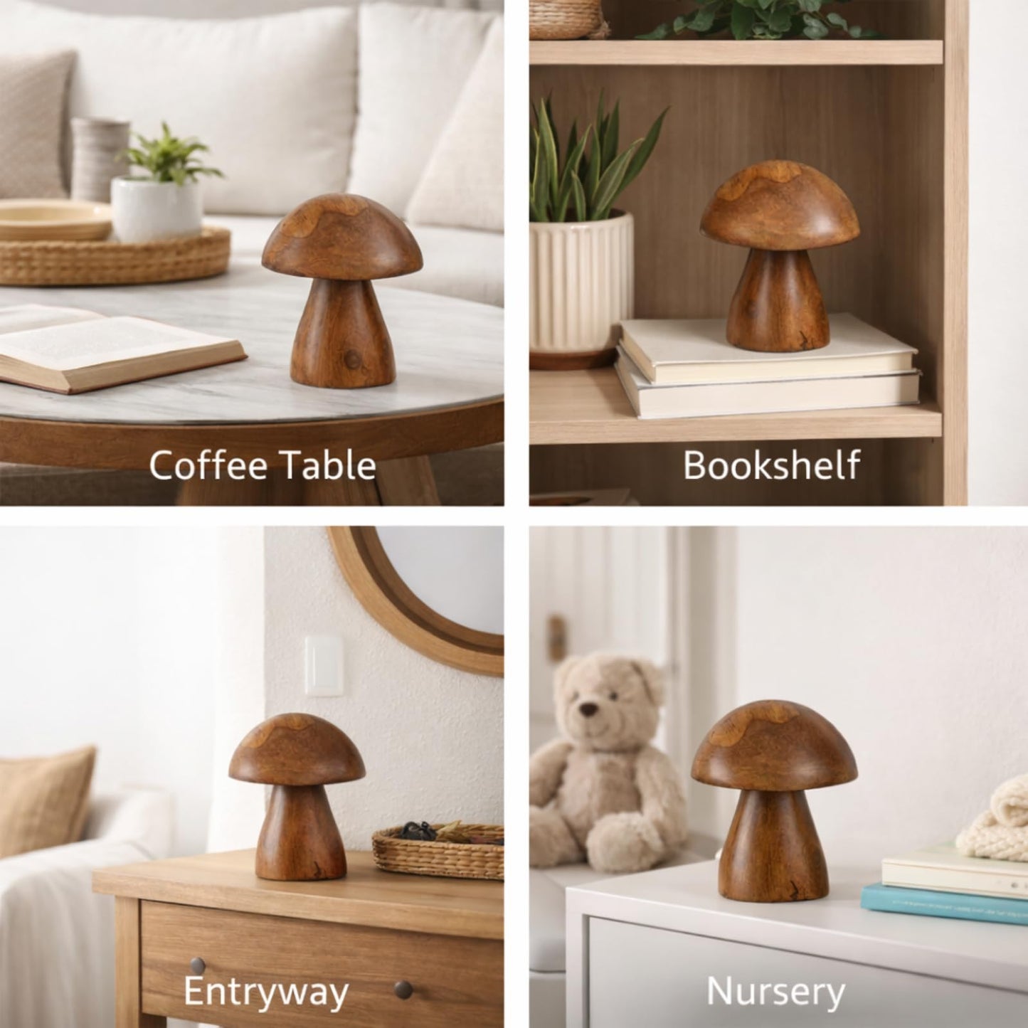 JOLLYMER Handmade Teak Wood Mushroom Decor Statue, Rustic Wooden Sculpture Accent for Living Room, Boho Tabletop Figurine, Natural Solid Wood Home Decoration for Indoor