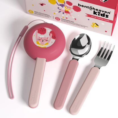 Bentoheaven Kids Travel Utensils with Case, Food-Grade Stainless Steel & BPA-Free Plastic, Travel Kid Cutlery Set, Dishwasher Safe Fork, Spoon & Case, Reusable Flatware, Silverware for Kids (Cats)