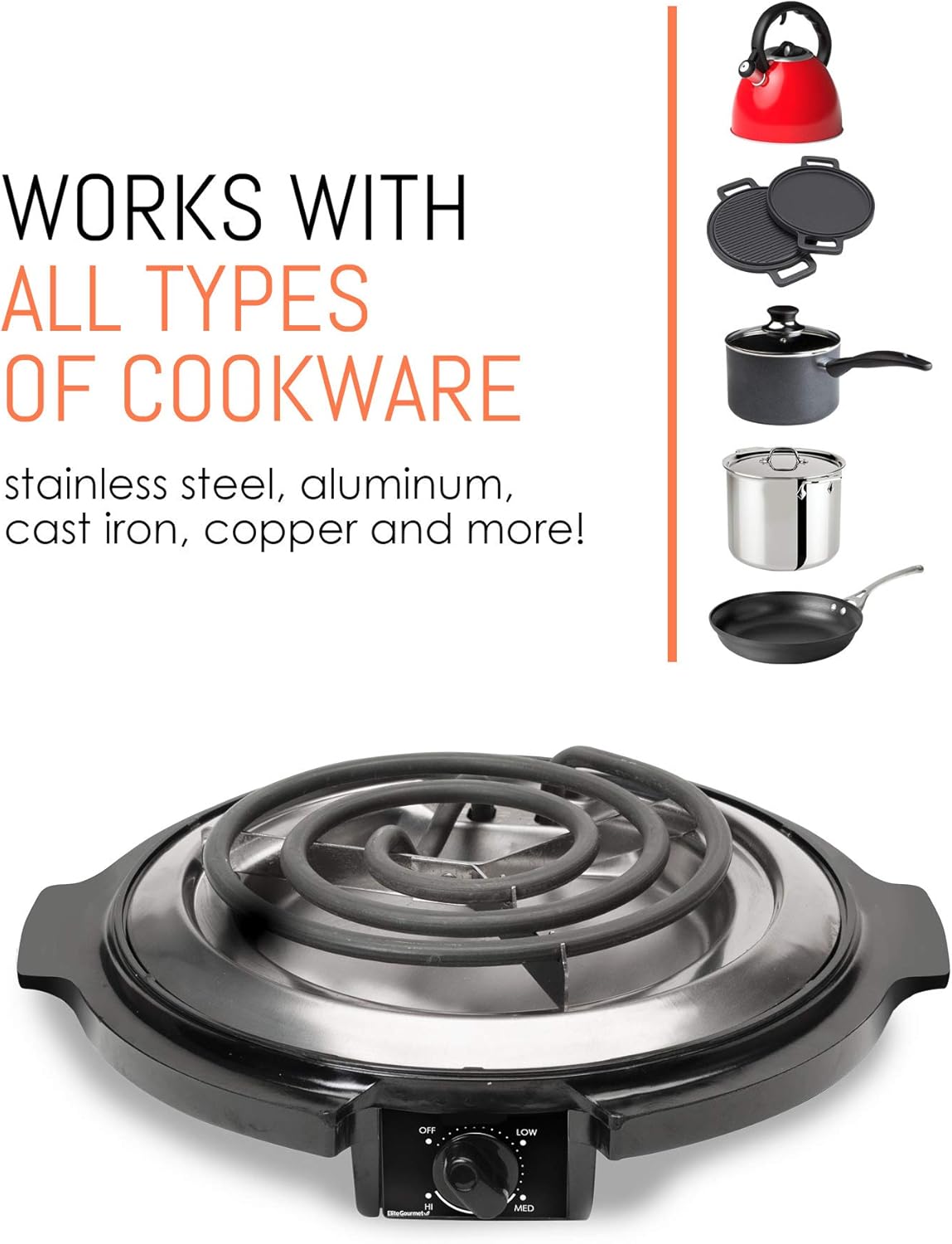 Elite Gourmet ESB-300X Single Countertop Coiled Burner, 1000 Watts Electric Hot Plate, Black, Easy to Clean