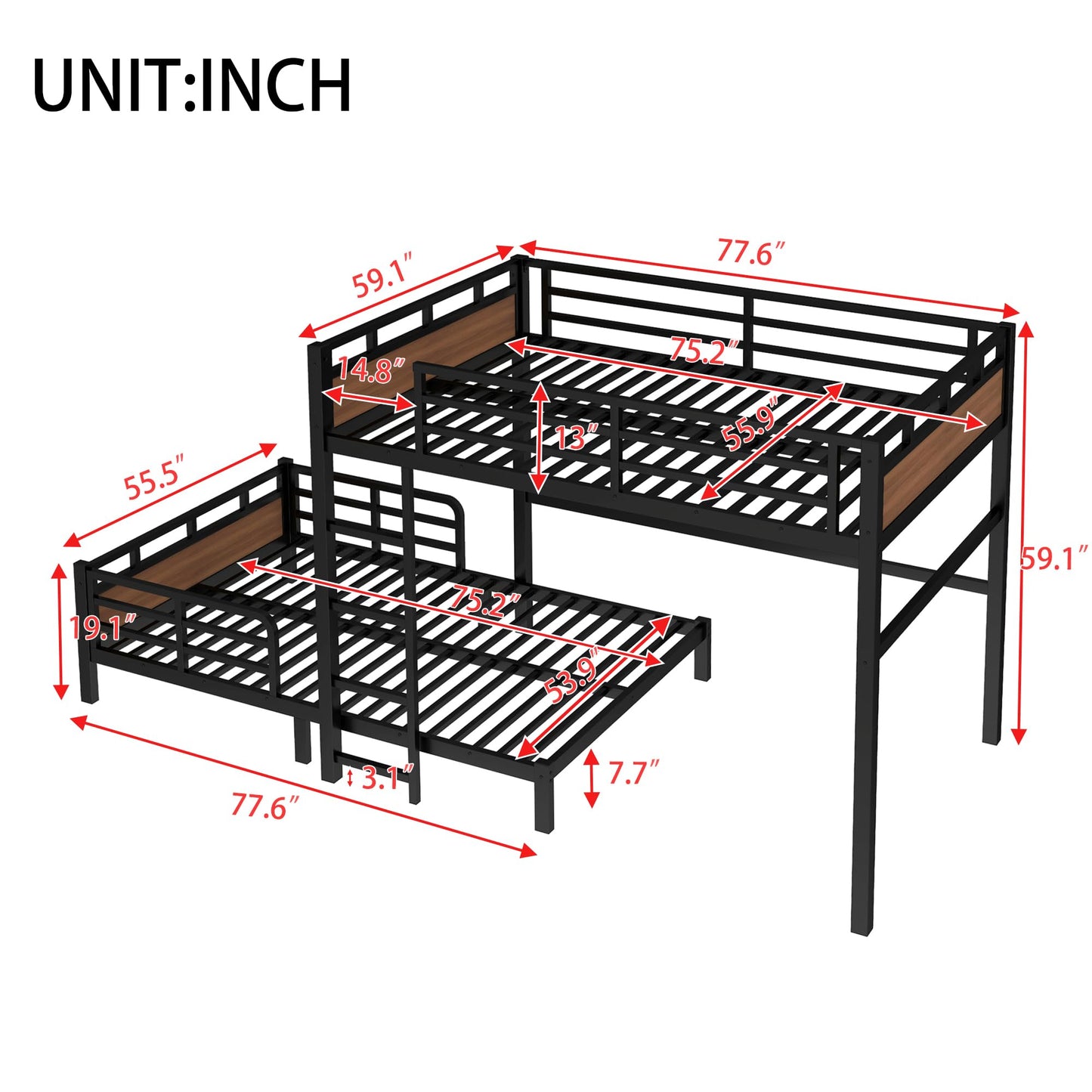 Bellemave Detachable Bunk Bed Full Over Full, Metal Bunk Bed with Guardrails, Full Size Loft beds for Kids, Teens & Adults（Walnut Color）