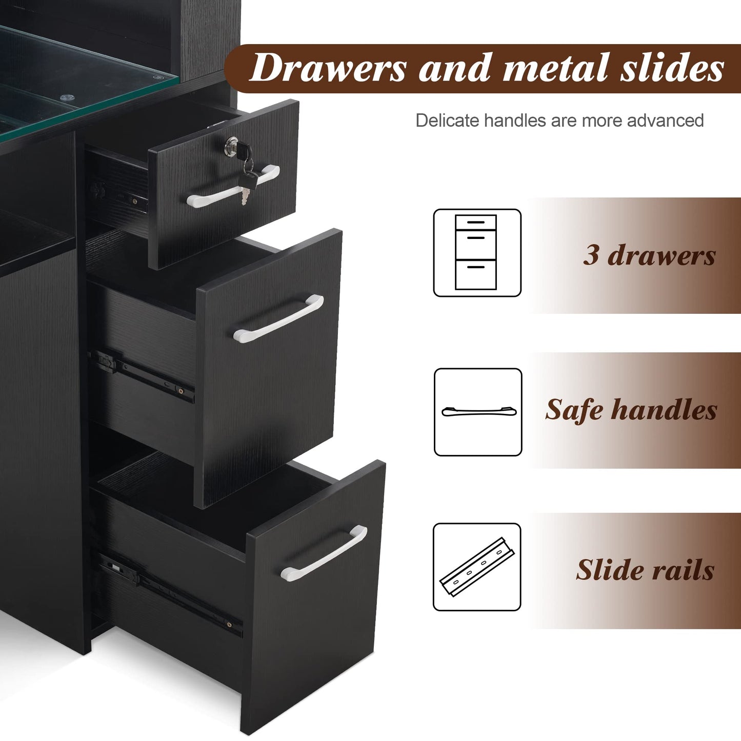 BarberPub Manicure Table with Drawers & Storage Shelves, Spa Beauty Salon Station Nail Desk, 45.3"(L) x 19"(W) x 60"(H) 2673 (Black)