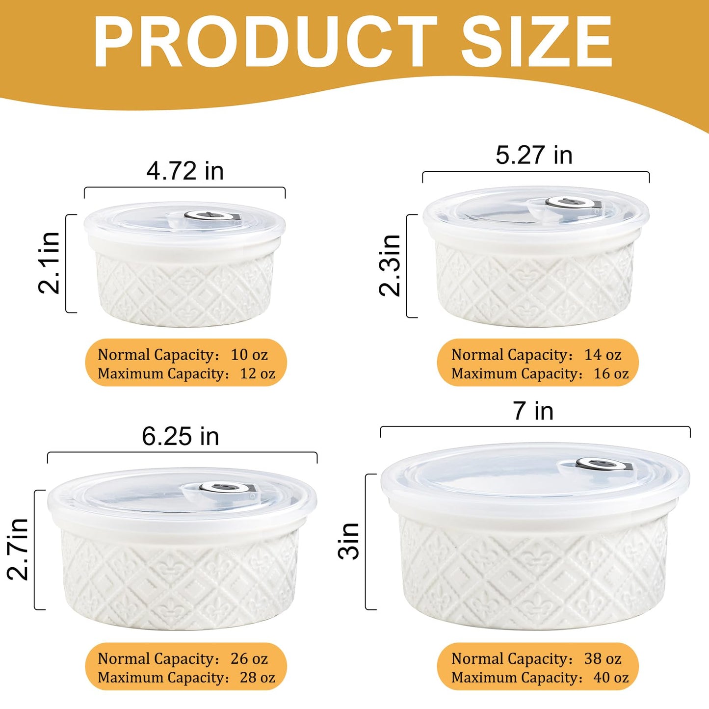 Large Mixing Bowls with Airtight Lids, Classic White Porcelain Embossed Nesting Salad Bowls for Baking and Cooking, 12/16/28/40oz Serving Bowls Set of 4, Oven and Dishwasher Safe, Thanksgiving Gift