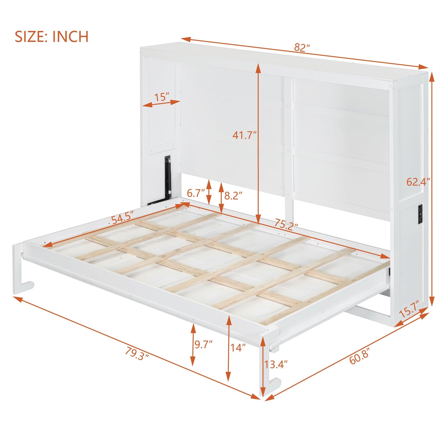 Ball & Cast Murphy Bed Full Size Wall Chest with Charging Station and Slat Support,Wood Hideaway Cabinet Platform Bedframe w/Leg,can be Folded,Space-Saving,for Small Room,Dorms,White