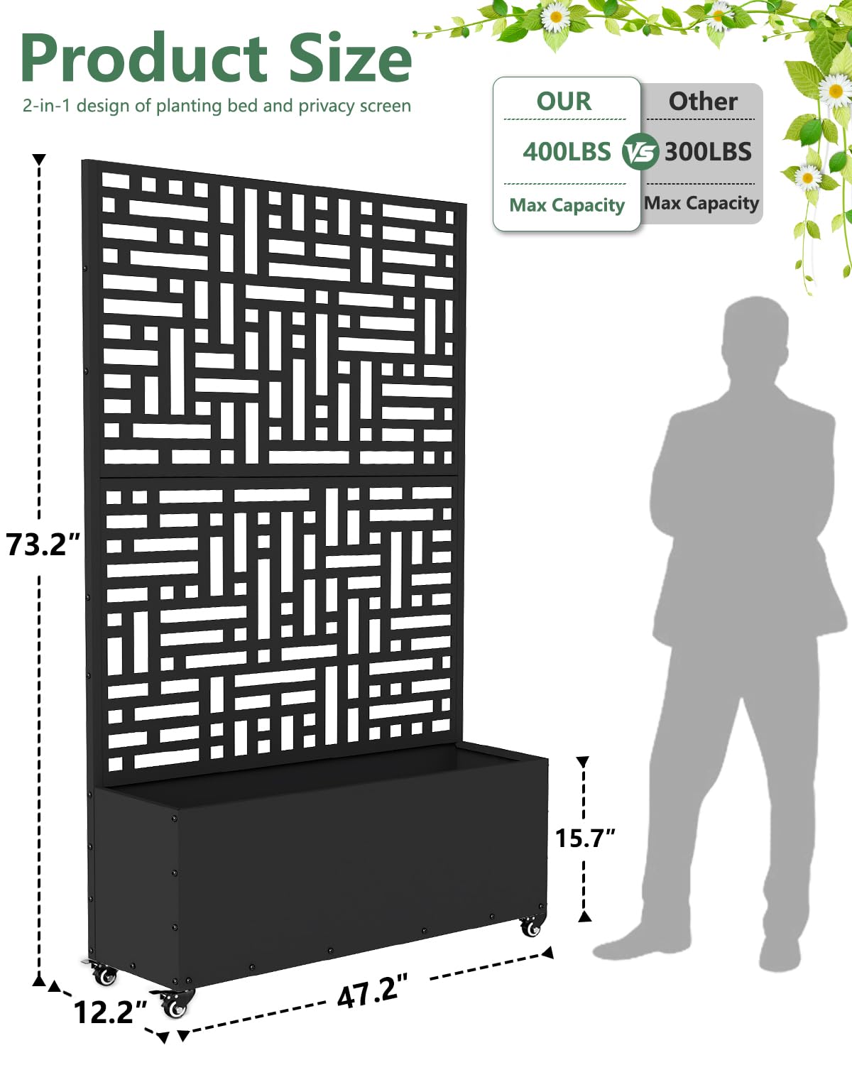 FOLAWO Metal Planter Box with Trellis,70.9"x47.2"x15.7" Raised Garden Bed with Drainage Holes, Privacy Planters for Outdoor Garden Bed for Climbing Plants,Vegetables,and Vines,2PCS,Black-Modular