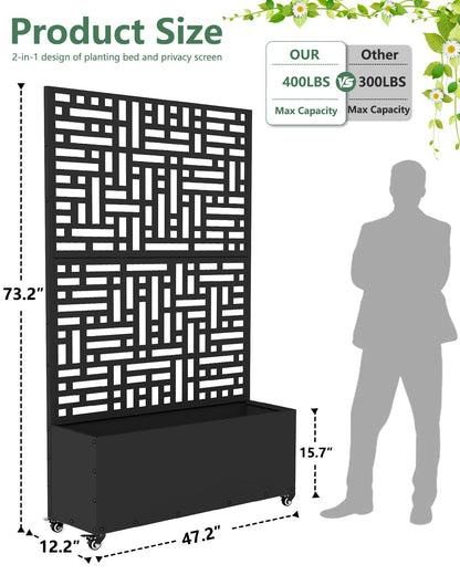 FOLAWO Metal Planter Box with Trellis,70.9"x47.2"x15.7" Raised Garden Bed with Drainage Holes, Privacy Planters for Outdoor Garden Bed for Climbing Plants,Vegetables,and Vines,2PCS,Black-Modular