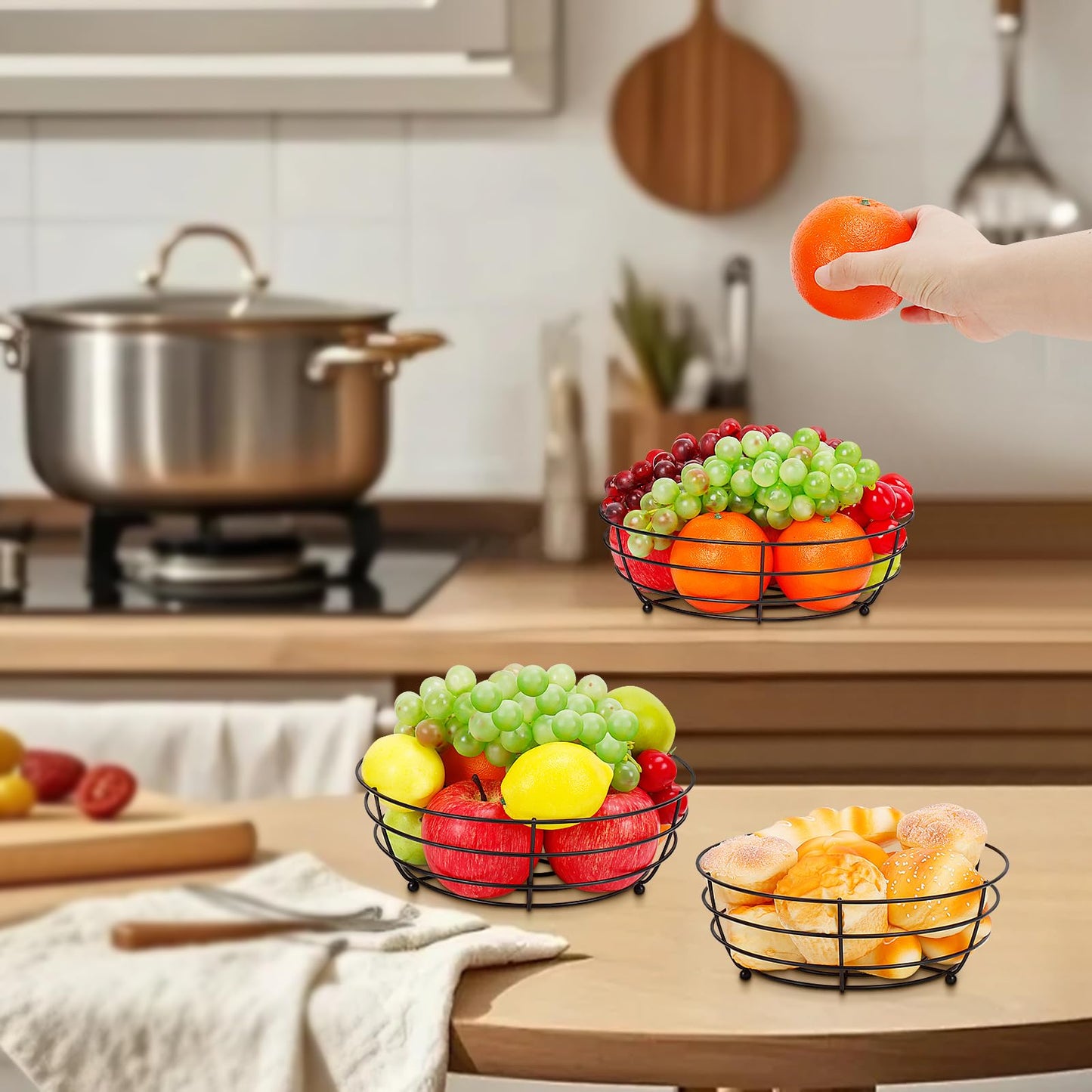 Livabber Wire Fruit Bowl, Metal Fruit Basket For Kitchen Counter, Large Capacity Storage Holder Tabletop Organizer For Vegetables Breads Snacks (Black, 3 Pack)