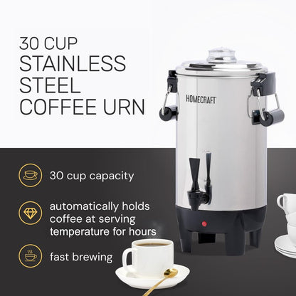 30 Cup Coffee Urn - Quick-Brewing Stainless Steel Double-Faucet - Perfect For Espresso, Hot Water, Tea, Hot Chocolate - Stainless Steel