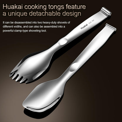 Huakai Cooking Tongs Detachable Design Stainless Steel Separates into Independent Small Spatulas, while Combining to Form Powerful Tongs for Flipping Heavy Steaks or Burgers