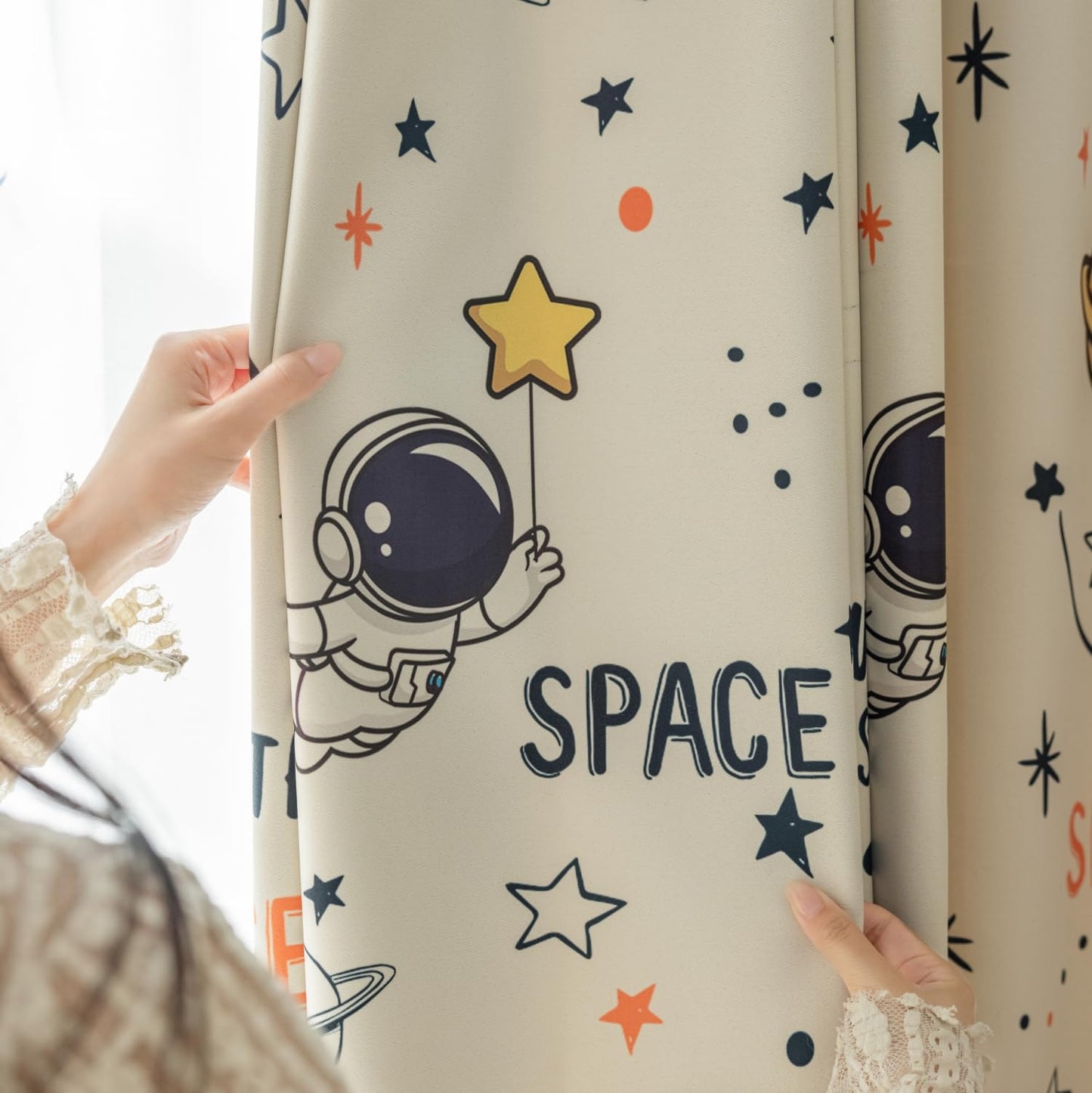 Cartoon Astronaut Semi Blackout Curtains for Kids Room Nursery Space Planets Patterns Printed Drapes for Bedroom Living Room Privacy Room Darkening Window Treatment Grommet Top 1 Panel W42 x L63 Inch