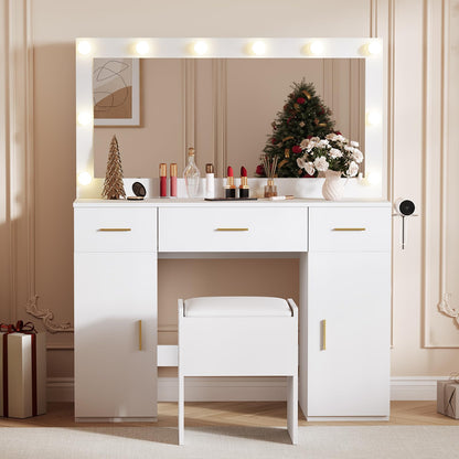 IDEALHOUSE Makeup Vanity Desk with Mirror and Lights, Modern White Vanity Table with Drawers, Charging Station & Storage Stool, Wood Make Up Vanity Set for Bedroom Apartment