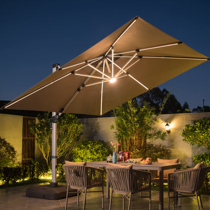 Mojia 10x10 FT Square Cantilever Patio Umbrella with Solar LED Lights and Cross Base, 360° Rotation Large Heavy Duty Offset Outdoor Umbrella with Easy Tilt for Pool Backyard Deck Garden, Khaki