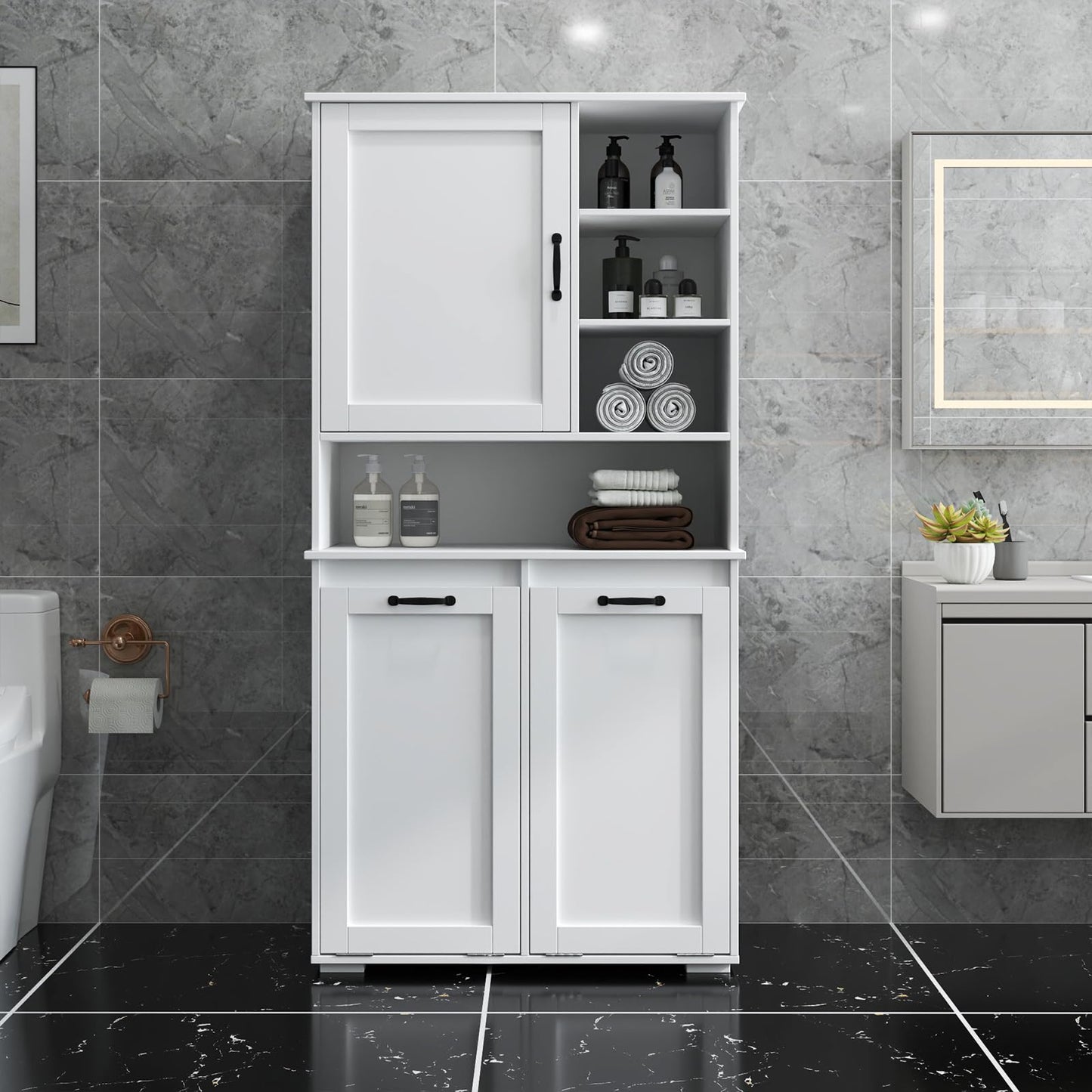 Tall Laundry Cabinet with Double Tilt Out Laundry Hamper, Freestanding Floor Bathroom Cabinet with 12 * 2 Gallon Laundry Storage Basket for Bathroom, Kitchen, White