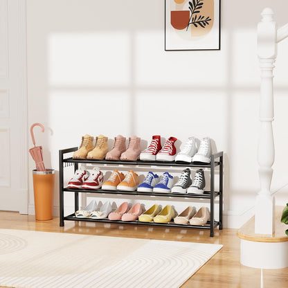18.5"33", 3-Tier Closet, 12 Expandable Shoe Rack for Small Spaces, Adjustable Width Sturdy Metal Shoe Organizer