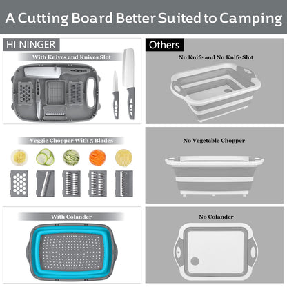 Camping Cutting Board, HI NINGER Collapsible Chopping Board with Colander, 9-In-1 Multi Chopping Board Kitchen Vegetable Washing Basket for Camper,Camping Gifts Camping Accessories for RV Campers
