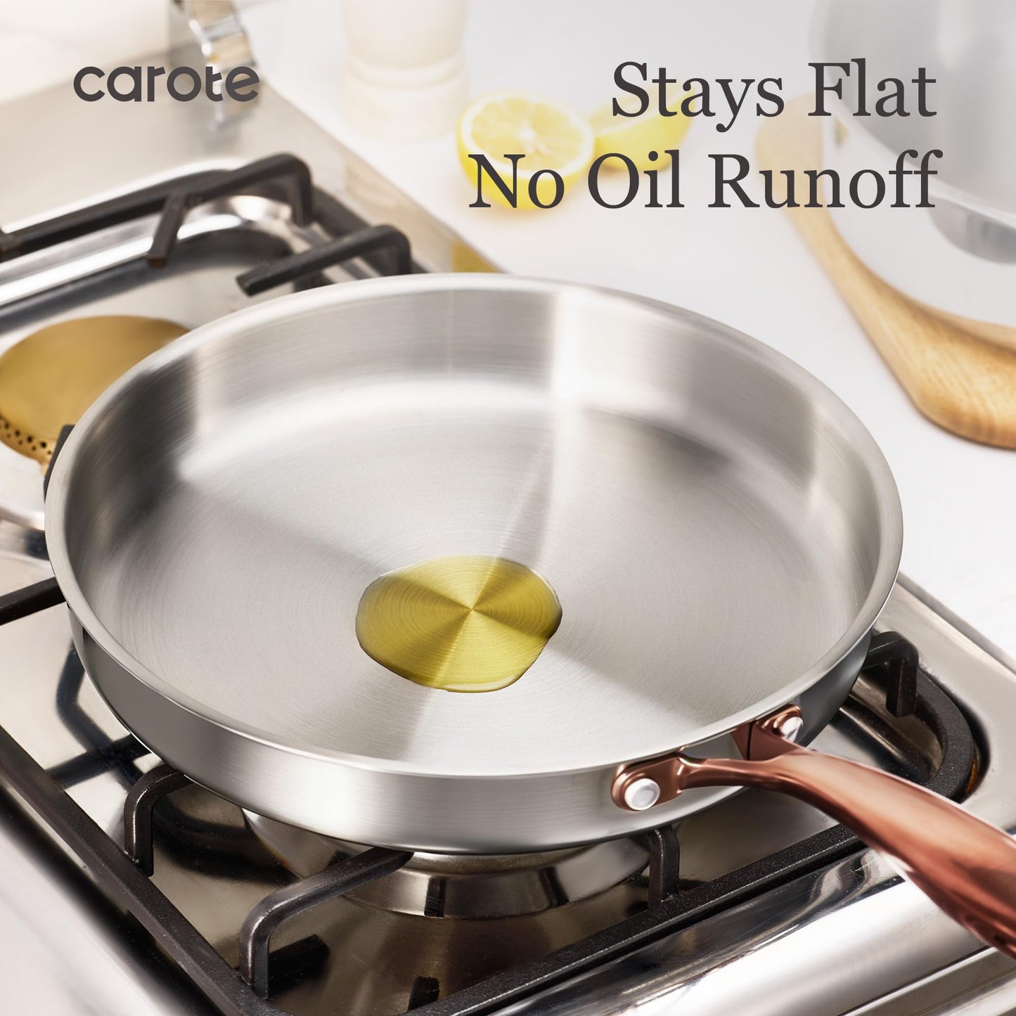 CAROTE 3-Piece Tri-Ply Stainless Steel Frying Pan Set, Skillet Set 8"/10"/12", Induction Compatible, Oven & Dishwasher Safe, Gold Handle