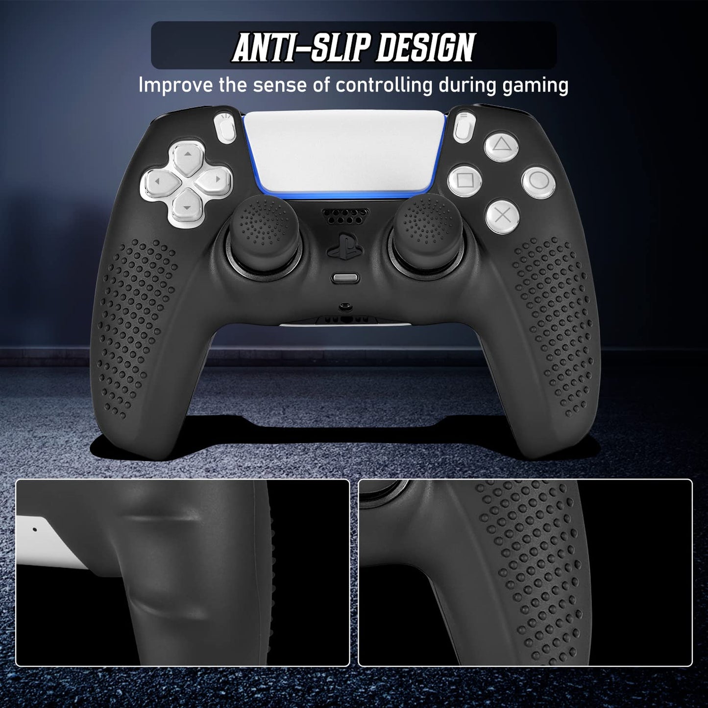 FAMOMI PS5 Controller Skin, Anti-Slip Soft Silicone Protective Cover Case for PlayStation 5 Controller Grip Accessories, 2 Pack with 8 x Thumb Grip Caps (Black&Black)