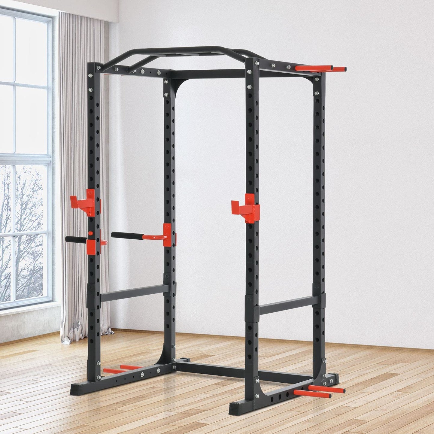Soozier Adjustable Power Tower Dip Station Pull Up Bar Squat Rack Power Cage At Home Workout Equipment, Upper Body Strength Training Equipment, Black