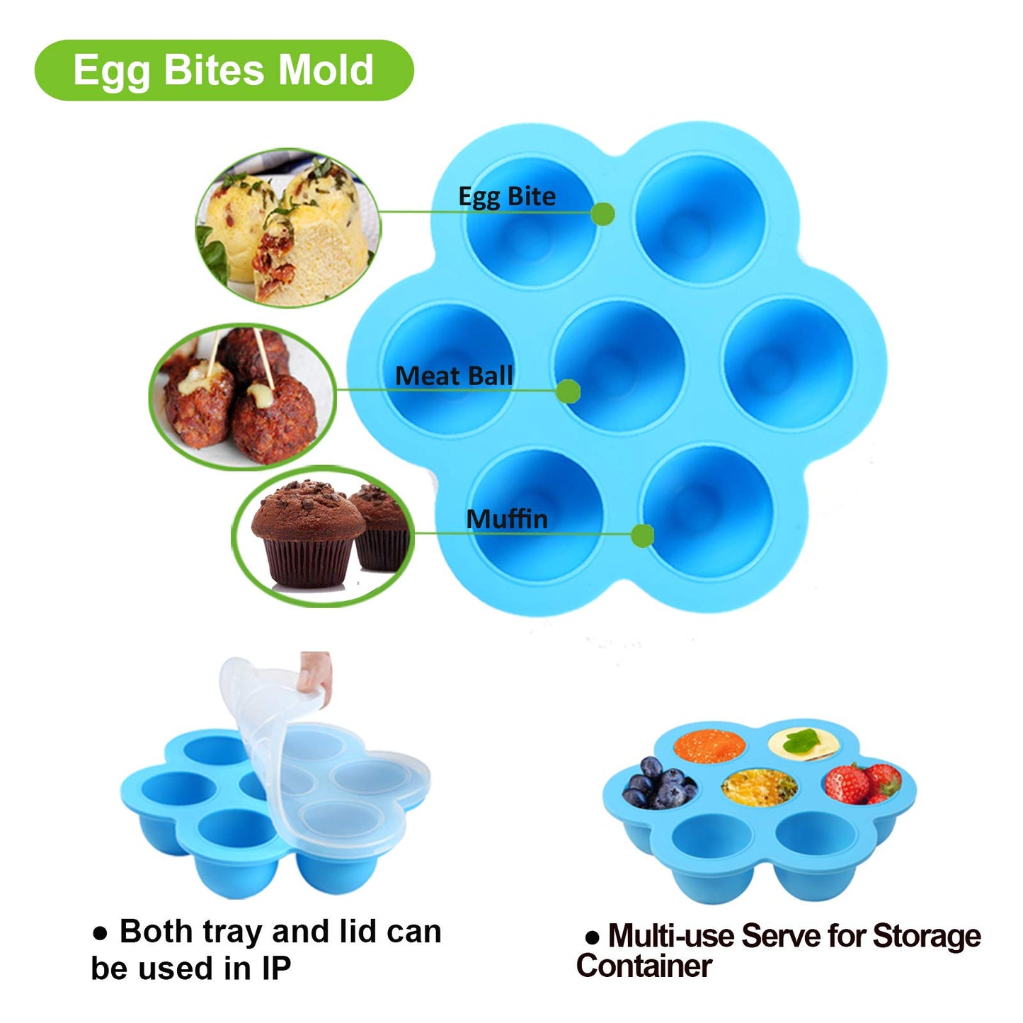 Silicone Egg Bites Molds for Instant Pot Accessories 6 Qt 8 Qt, Including Steamer Rack Trivet with Heat Resistant Handles, 5-Piece Measuring Spoons as Bonus, Sous Vide Egg Poacher