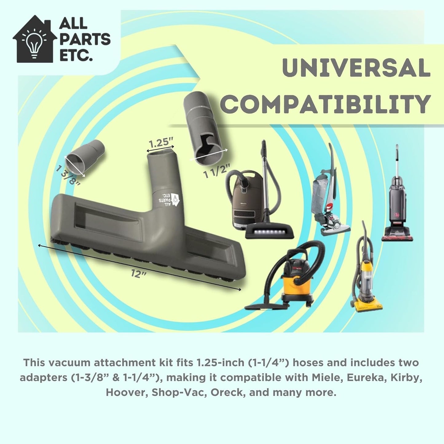 1.25" Gray Vacuum Attachment Kit with 2 Adapters, Compatible with Miele, Eureka, Kirby, Hoover, Shop Vac