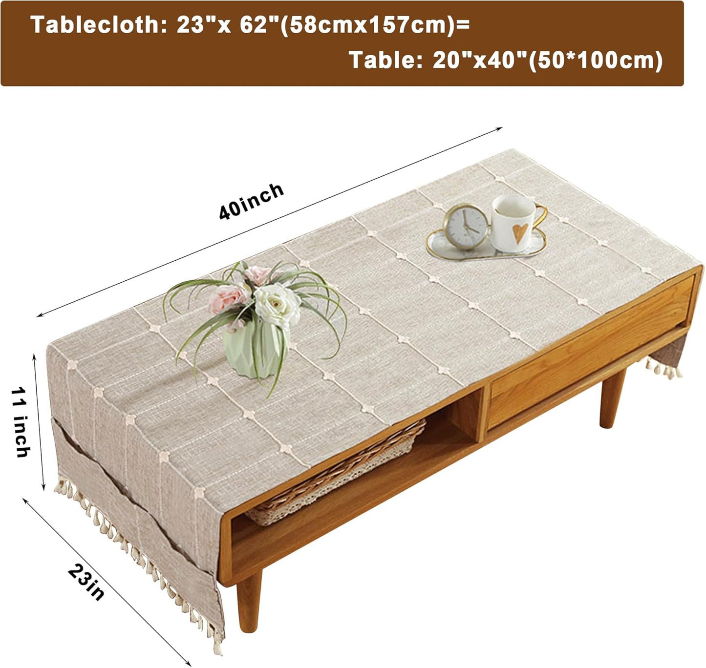Ajerg 23x62inch Coffee Table Cloth, Boho Coffee Table for Living Room Tablecloth Cover with Pockets & Tassel, Rectangle