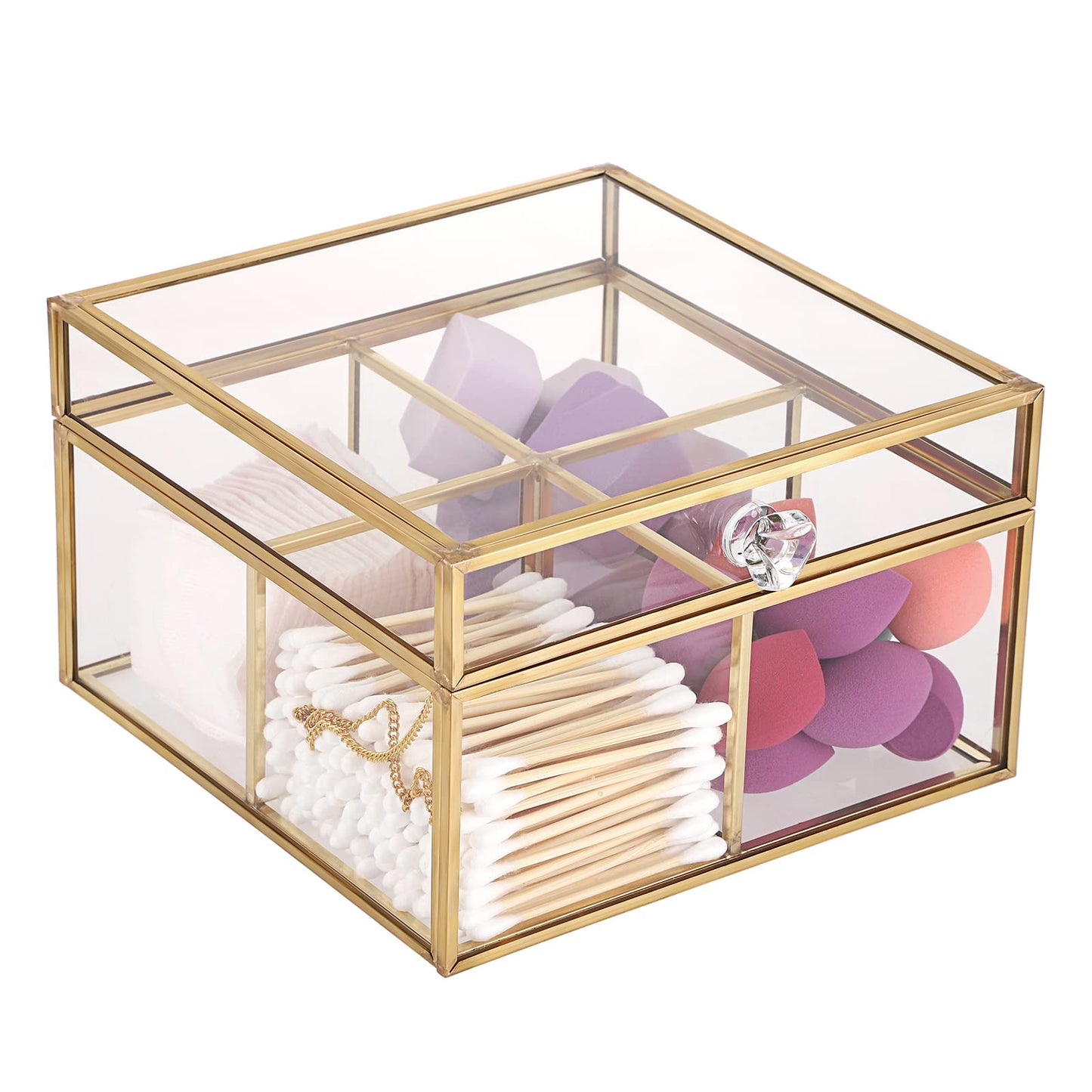 ELLDOO Gold Glass Tea Bags Box with Lid, Trinket Jewelry Box Countertop Storage for Sugar Packets Makeup Sponges Jewelry, 4 Grids, Glass Box Only