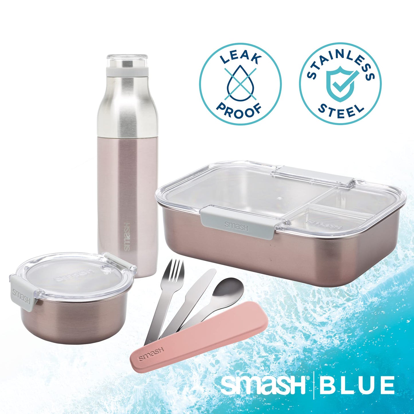 Smash Eco-friendly Bento 7-Piece Lunch Kit - Blush color - Box with 3 compartments, Snack Box, 16.9 fl oz Bottle, 3 piece travel cutlery set. (Blush)