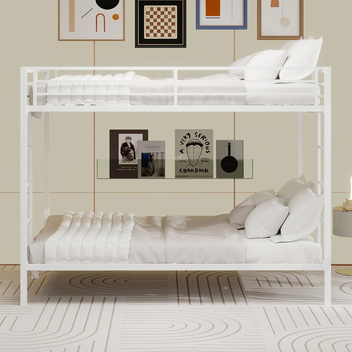 KEIKI Queen over Queen Size Metal Bunk Bed Frame with Built-in Ladder and Full-Length Railing, Modern Style Bunk Bed with Slats and Guardrail, No Box Spring Required, Easy Assembly, for Bedroom, White