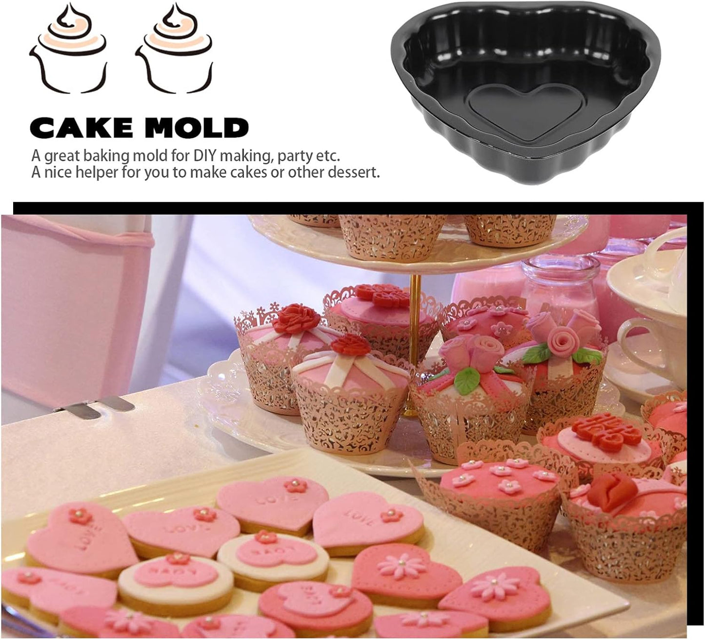 Yardwe 2pcs Round Nonstick Baking Metal Heart Shape Cake Pans for Fondant, Cookie, Chocolate, Cupcake