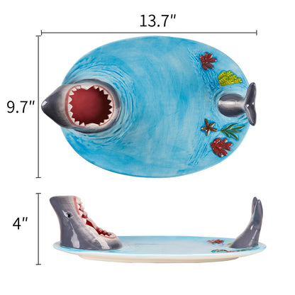 Glazery Shark Charcuterie Board, Shark Fish Sushi Plates, Handmade Ceramic Taco Holder, Funny Sharks Party Platter Tray with Dipping Sauce Bowl, Holiday Birthday Gifts for Sharks Party Lovers