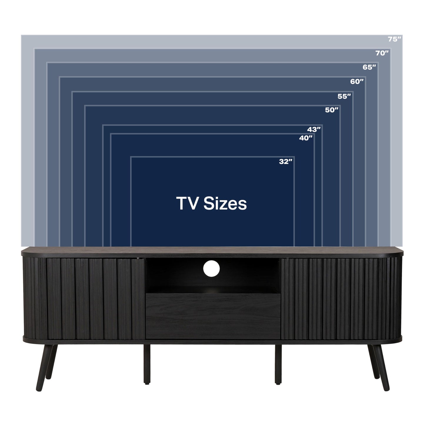 JONATHAN Y Damien 70" Mid-Century Fluted Wood TV Stand for TVs up to 75 Inch, Entertainment Center with Soft-Close Doors and Drawer, Media Console for Living Room, Black TVS1001C
